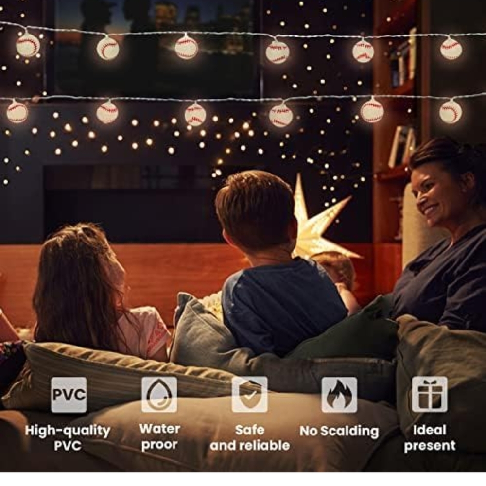 Baseball String Lights - White and Red  9 Funtions Uses 3 AA Batts Not Included - Picture 5 of 9